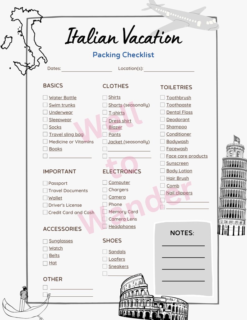 Printable Travel Packing List for ITALY Instant Download, Vacation