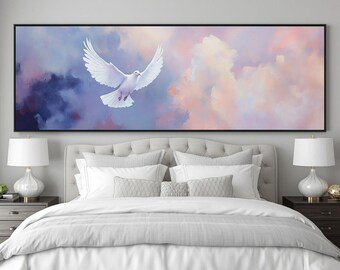 White Dove Lavender Sky Canvas, Soft Wide Wall Art, Panoramic Dreamy Decor for Bedroom or Nursery