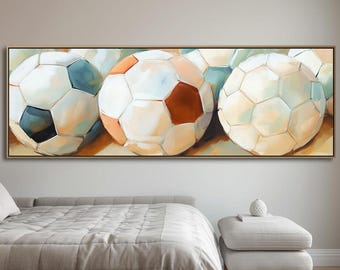 Soccer Ball Macro Canvas, Warm Tone Wide Sports Art, Panoramic Game Room Decor for Office or Above Sofa