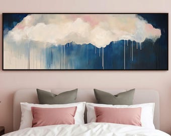 Dripping Cloud Navy Sky Canvas, Wide Abstract Rain Wall Art, Panoramic Modern Decor for Bedroom or Office