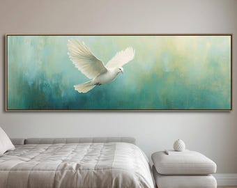 Soaring White Dove Canvas, Teal Gold Wide Wall Art, Panoramic Peaceful Decor for Bedroom or Prayer Space