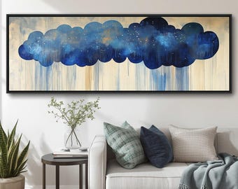 Indigo Cloud Galaxy Rain Canvas, Wide Celestial Abstract Wall Art, Panoramic Modern Decor for Office or Bedroom