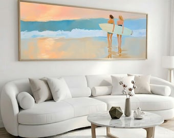 Surfers Sunset Wave Canvas, Wide Pastel Beach Wall Art, Panoramic Coastal Decor for Living Room or Beach House