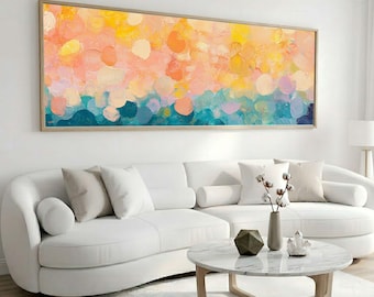 Sunset Petal Mosaic Canvas, Wide Abstract Impressionist Wall Art, Panoramic Vibrant Decor for Living Room or Office
