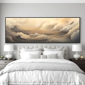 Panoramic Cloudscape Wall Art, Extra Wide Abstract Sky Waves, Neutral Beige Large Wall Decor, Horizontal Canvas Above Sofa