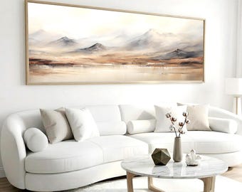 Panoramic Wall Art Abstract Mountain Lake Framed Canvas Large Wall Art Extra Wide Wall Decor Above Sofa Neutral Landscape