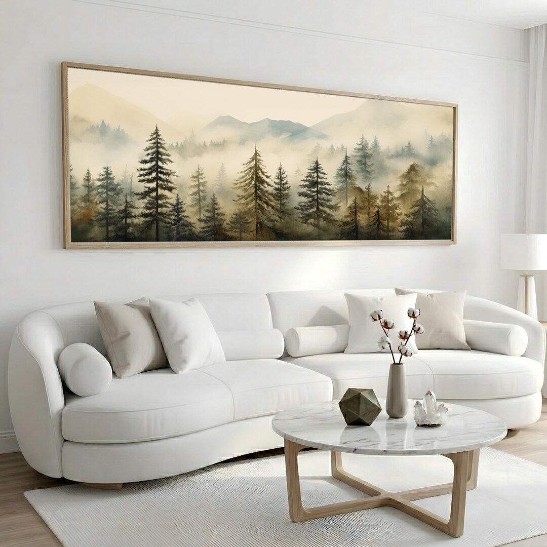 Panoramic Misty Forest Canvas Wall Art, Neutral Mountain Landscape ...