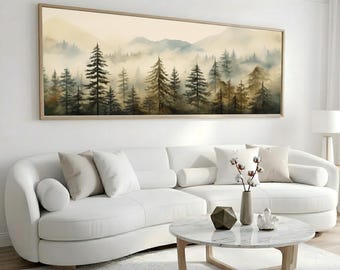 Panoramic Misty Forest Canvas Wall Art, Neutral Mountain Landscape Print, Large Nature Art, Foggy Pine Trees Artwork, Rustic Cabin Wall Art