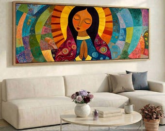 Geometric Virgin Mary Folk Art, Vibrant Mosaic Wide Canvas, Panoramic Catholic Wall Decor for Living Room or Altar