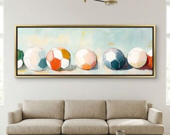 Soccer Ball Wall Art, Panoramic Sports Still Life Canvas, Extra Wide Wall Decor, Colorful Above Sofa Art
