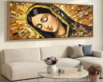 Golden Mosaic Virgin Mary Canvas, Wide Stained Glass Wall Art, Panoramic Devotional Decor for Prayer Room or Living Room