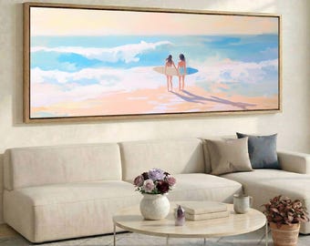 Surfers Beach Wave Canvas, Wide Coastal Summer Wall Art, Panoramic Ocean Decor for Living Room or Beach House