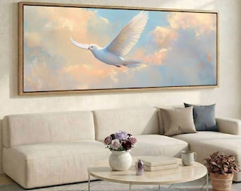 White Dove Soft Clouds Canvas, Peach Sky Wide Wall Art, Panoramic Serene Decor for Bedroom or Nursery