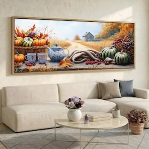 Rustic Autumn Harvest Still Life Wall Art Pumpkin Basket Country Farmhouse Fall Landscape Panoramic Canvas Print Cozy Kitchen Dining Decor