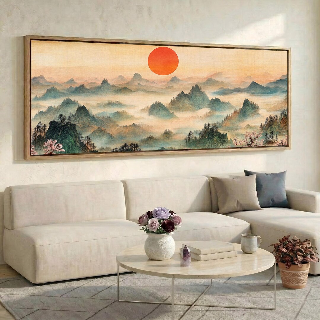 Japanese Mountain Landscape Canvas Print Cherry Blossom Wall Art Wabi ...