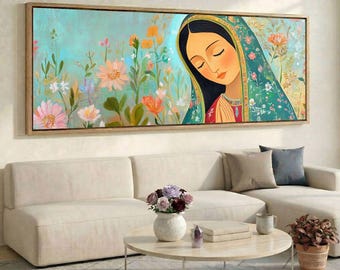 Floral Field Virgin Mary Canvas, Vibrant Wide Wall Art, Panoramic Garden Decor for Living Room or Bedroom