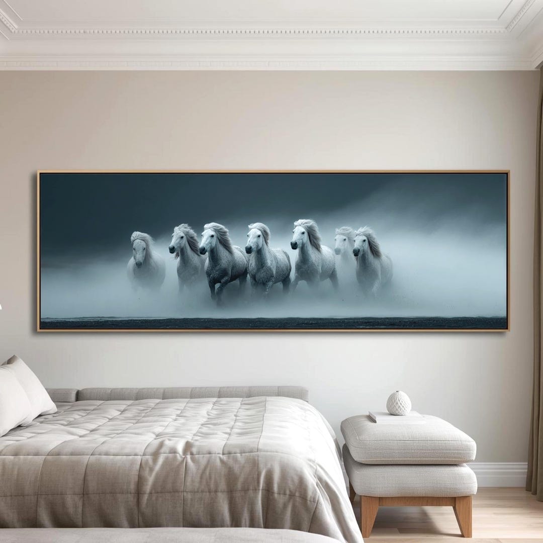 White Horse Wall Art Panoramic Print, Extra Wide Running Horses Canvas ...