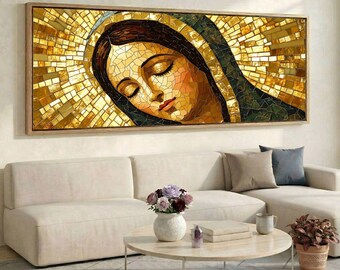 All Gold Mosaic Virgin Mary, Wide Stained Glass Canvas Art, Panoramic Luxe Decor for Living Room or Prayer Room