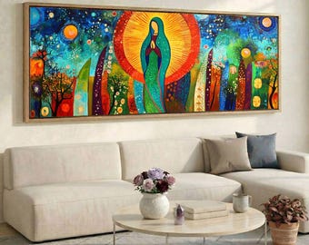 Our Lady of Guadalupe Wall Art, Panoramic Folk Art Canvas, Extra Wide Wall Decor, Celestial Above Sofa Religious Art
