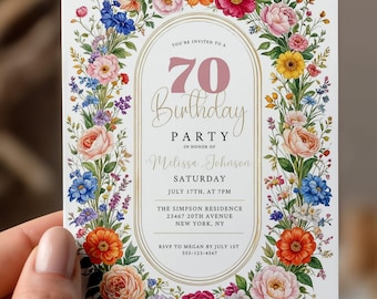 Wildflower 70th Birthday Invitation: Pink Floral Meadow Party (Canva Template Digital Download