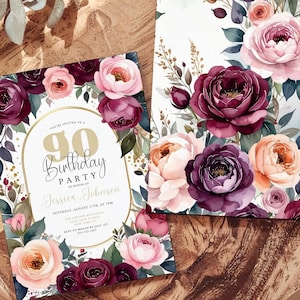 Invito per il 90° compleanno di una donna, elegante motivo floreale con rose e peonie, invito per il 95° compleanno in rosa cipria e bordeaux, modello stampabile per feste su Canva