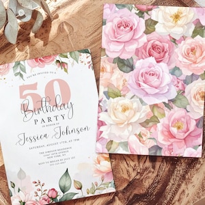 Invitación editable para 50 cumpleaños: invitación floral en tonos rosa y coral para mujeres mayores de 55 años. Diseño elegante para imprimir. Plantilla de invitación de Canva.