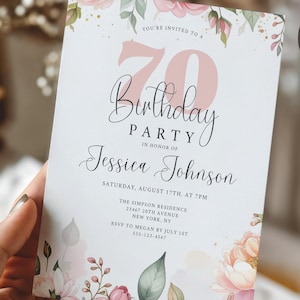 Faire-part d'anniversaire modifiable pour son 70e anniversaire - Faire-part de fleurs roses et corail pour femmes de 75 ans - Modèle de carte d'invitation imprimable élégant - Modèle d'invitation Canva