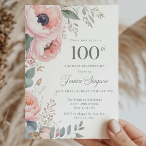 100. Geburtstagseinladung für Frauen - Elegante rosa und beige Aquarell Blumeneinladung, druckbare Canva Vorlage für Frauen oder Mutter