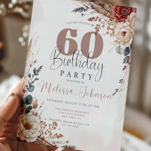 60th Birthday Invitation Floral Boho Fall Theme for Women Men Terracotta Flowers Invite – 65th Elegant Pampas Canva Evite Template