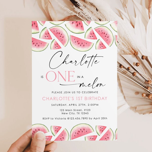 One in a Melon Invitation, Watermelon Birthday Invitation, First Birthday  Girl Invitation, Editable 1st Birthday Invite Template D018