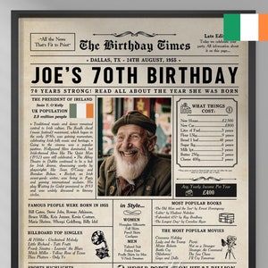 Affiche de journal 70e anniversaire, cadeau 70e anniversaire pour lui ou elle, décorations 70e anniversaire, cadeaux pour hommes, cadeaux pour femmes, faits sur l'Irlande