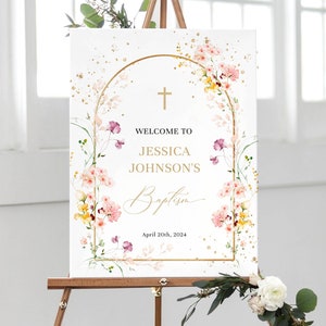 Wildflower Baptism Welcome Sign Template for Girl, Christening Welcome Sign, First Communion Welcome Poster, Editable Download B007