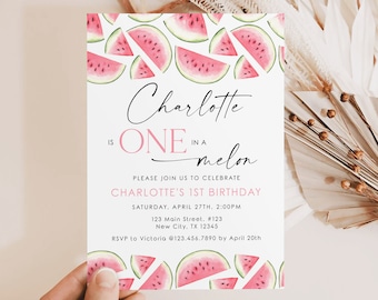 One in a Melon Invitation, Watermelon Birthday Invitation, First Birthday  Girl Invitation, Editable 1st Birthday Invite Template D018