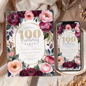 Invito per il 100° compleanno da donna, elegante motivo floreale con rose e peonie, invito rosa cipria e bordeaux, modello di lusso stampabile per feste su Canva
