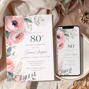 Faire-part 80e anniversaire pour femme - 85e invitation florale aquarelle rose et beige élégante, modèle de toile imprimable pour femme ou mère