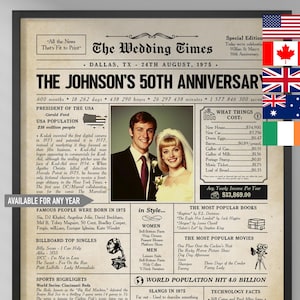50th Anniversary gift for parents, Golden wedding anniversary keepsake, back in 1975 wedding anniversary newspaper, 50 Years Married in 1975