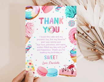 Sweet Thank You Card Template, 1st Birthday Girl, Sweet One Birthday, Candy Land Thank you Card Printable Digital Download D062