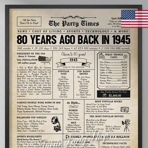 80th birthday newspaper poster printable 1945 birthday sign back in 1945 decorations 1945 newspaper vintage theme 80th birthday gift