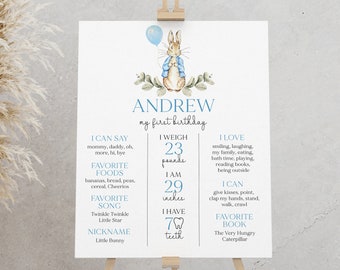 Könnte beinhalten: Ein weißes Schild auf einer Holzstaffelei mit dem Text "Andrew my first birthday". Das Schild zeigt eine Aquarellillustration eines Hasen mit einem blauen Ballon. Das Schild enthält den Text "Ich wiege 10,4 kg, ich bin 73,7 cm groß, ich habe 7 Zähne."