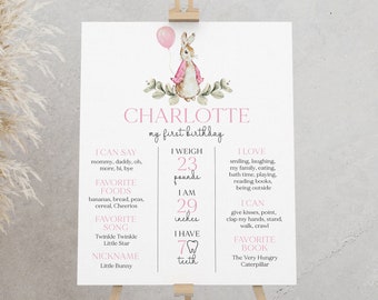 Könnte beinhalten: Ein rosa-weißes Poster für den ersten Geburtstag mit einer Hasenillustration. Das Poster listet den Namen des Kindes, Charlotte, und Details über sein erstes Jahr auf, darunter sein Gewicht, seine Größe, seine Lieblingsessen und sein Lieblingsbuch.