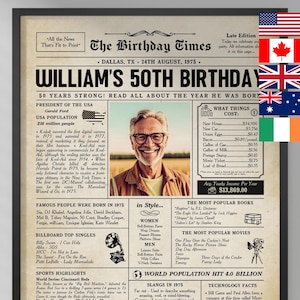 Afiche de periódico del 50.° cumpleaños, decoración imprimible para fiesta del 50.° cumpleaños, póster de cumpleaños que contiene noticias y momentos destacados de 1975 en EE. UU.