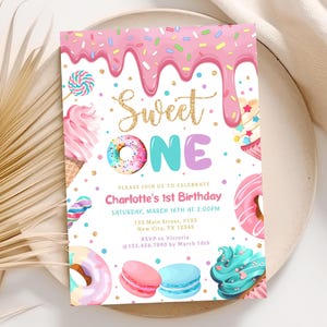 Sweet One Birthday Invitation,  First Birthday Girl Invitation, Candy Land Birthday Invitation, Donut invite Template, Digital Download D064