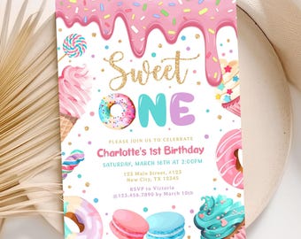Sweet One Birthday Invitation,  First Birthday Girl Invitation, Candy Land Birthday Invitation, Donut invite Template, Digital Download D064