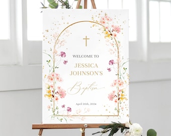 Wildflower Baptism Welcome Sign Template for Girl, Christening Welcome Sign, First Communion Welcome Poster, Editable Download B007