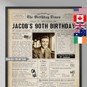Póster de periódico para el 90.º cumpleaños, imprimible, de 1935, para mujeres o hombres, regalo personalizado para el 90.º cumpleaños.