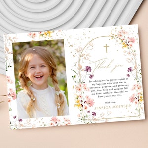 Baptism Thank You Card Template, Wildflower Thank you Card with Photo, Christening Thank you Note Printable Digital Download B007