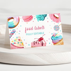 Modelo de cartões de lugar doce, cartões de barraca de comida doce, cartão de mesa, etiquetas de comida de aniversário, decorações de primeiro aniversário, doce um aniversário, D062