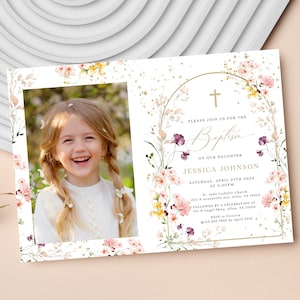Wildflower Girl Baptism Invitation with Photo (Digital Download)