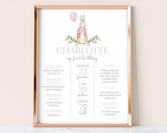 Könnte beinhalten: Ein rosa-weißes, druckbares erstes Geburtstags-Diagramm für ein kleines Mädchen namens Charlotte. Das Diagramm enthält Details zu ihrem Gewicht, ihrer Größe, ihren Lieblingsessen, Liedern und Büchern. Es zeigt eine Aquarell-Illustration eines Kaninchens, das eine rosa Jacke trägt.