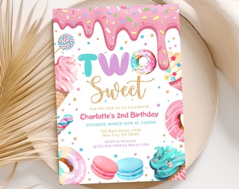Two Sweet Donut Birthday Invitation: 2nd Birthday, Editable Template (Digital Download)